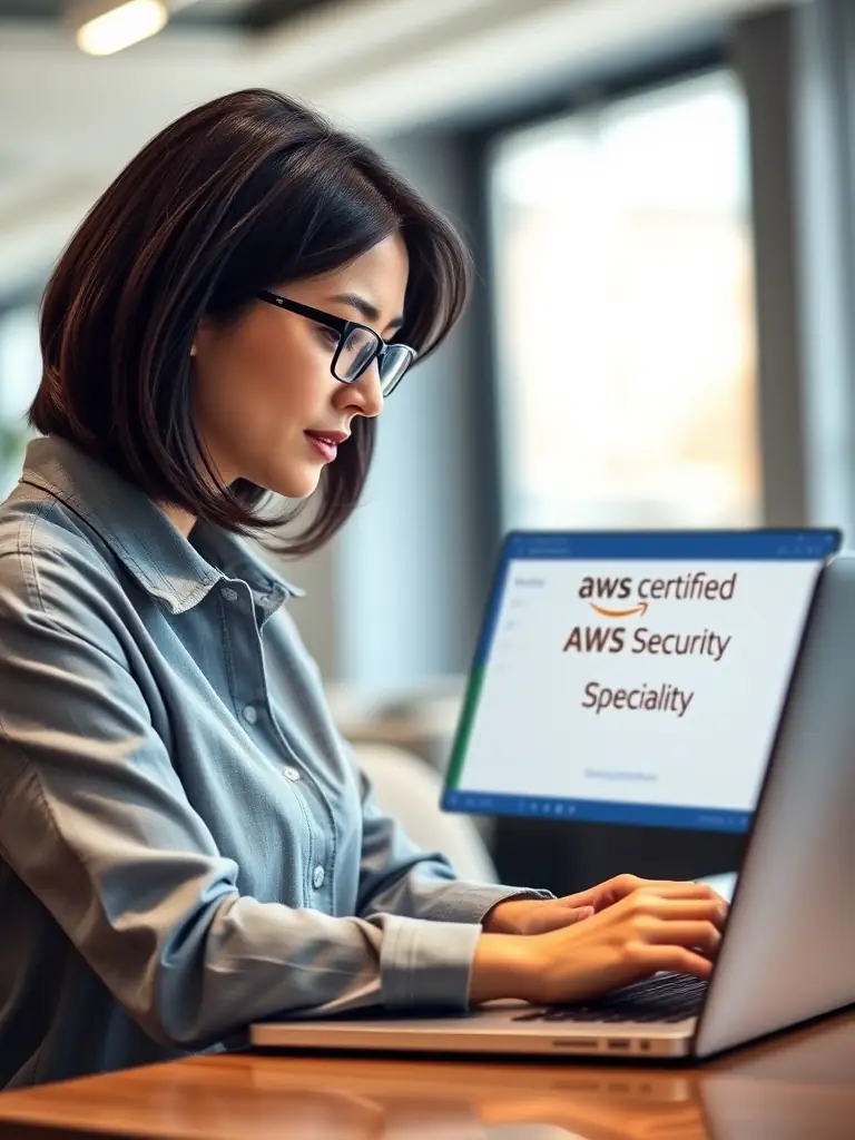 A person configuring security settings in the AWS Management Console, highlighting their expertise in securing cloud environments, with the AWS Certified Security – Specialty logo.