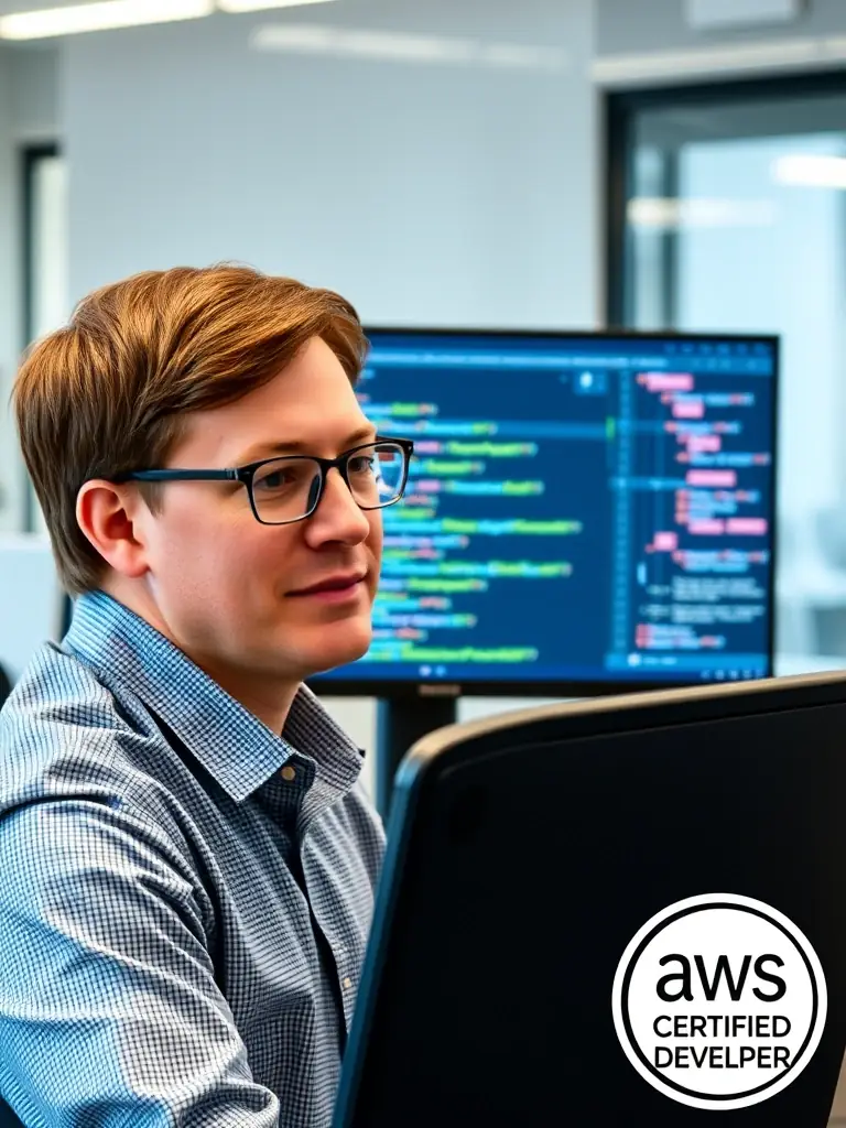 A person debugging code in the AWS Cloud9 IDE, demonstrating their proficiency in developing cloud applications, with the AWS Certified Developer logo in the corner.