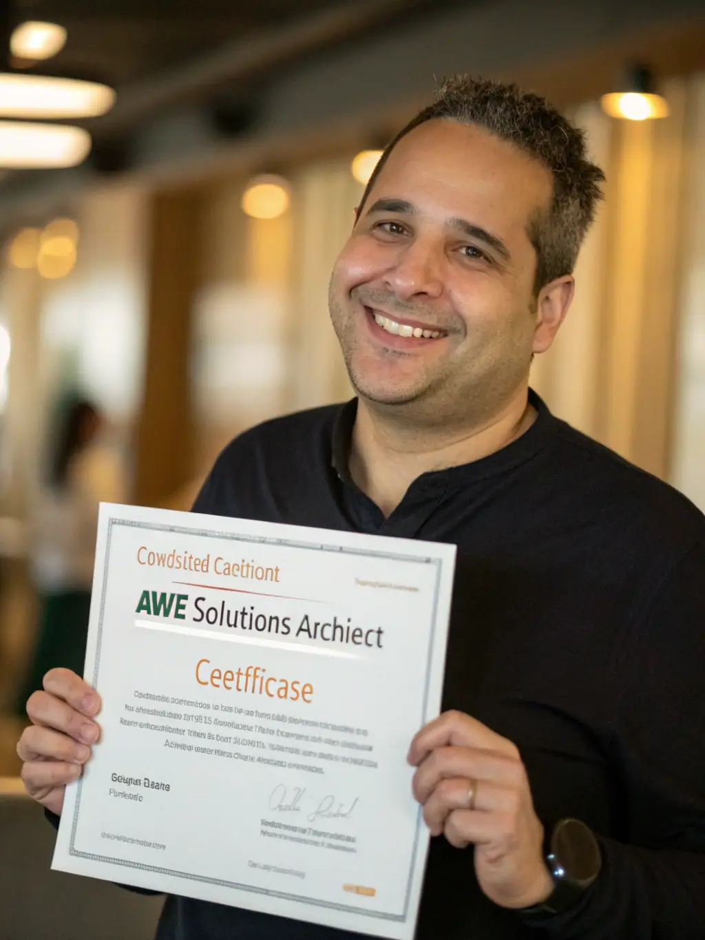 A person successfully completing an AWS Certified Cloud Practitioner exam, smiling and holding their certificate, set against a background of the AWS logo and cloud imagery.