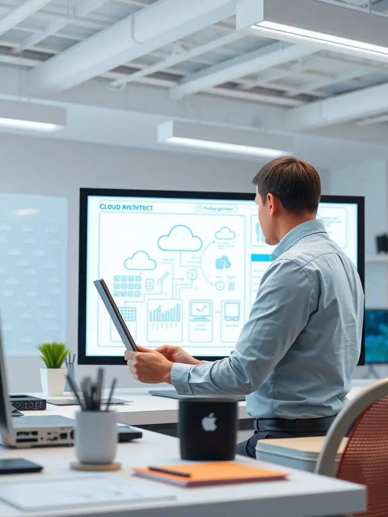 A person working on a complex AWS architecture diagram on a computer, showcasing their expertise in designing cloud solutions, with the AWS Certified Solutions Architect logo subtly placed.