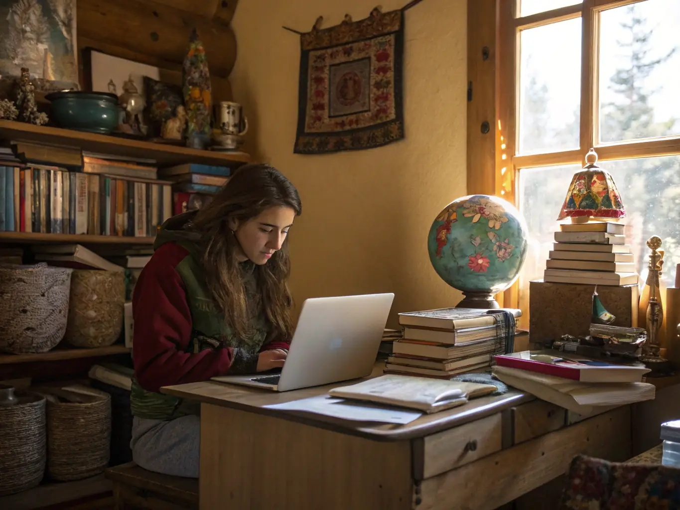 A student using ChatGPT-4 to assist with research and writing assignments in a library, highlighting its educational applications.