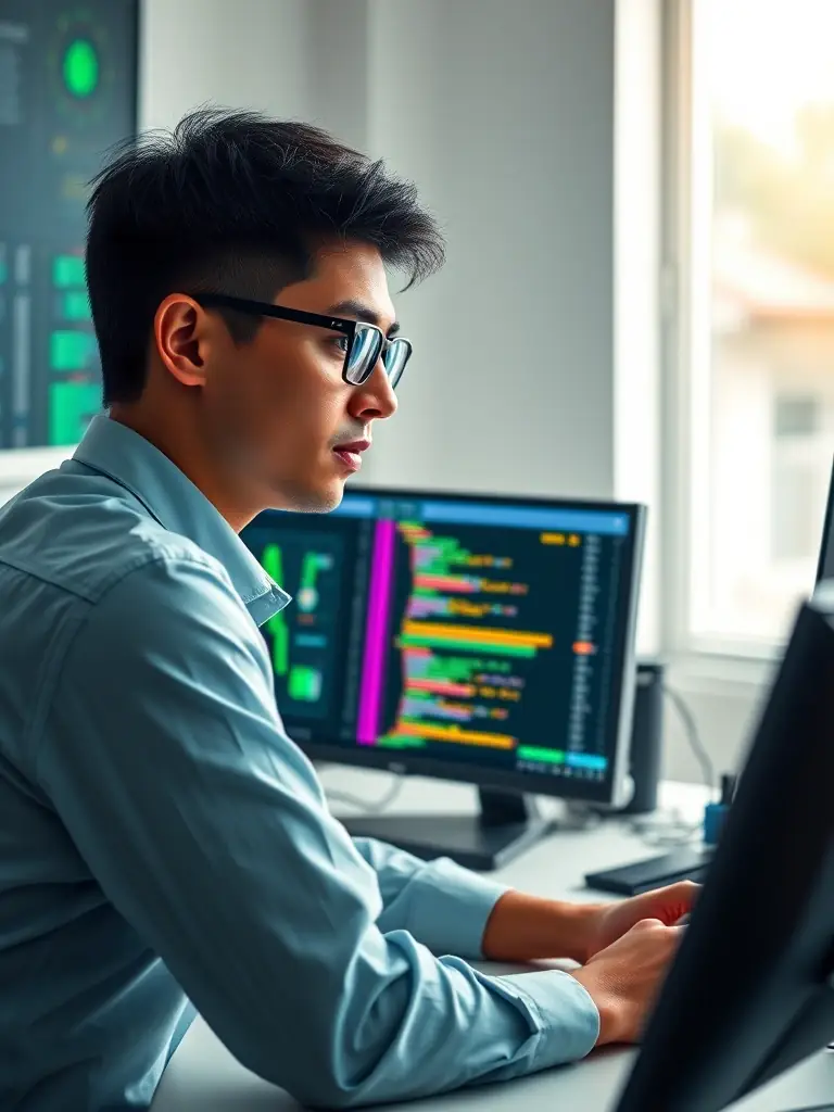 A focused cybersecurity professional working at a computer, analyzing network traffic for potential threats during a training simulation.