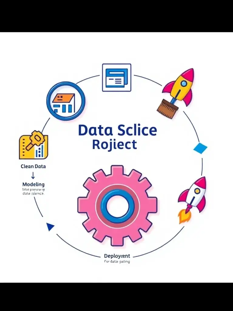 A detailed infographic illustrating the data science project lifecycle, from data collection and cleaning to model deployment and performance evaluation, with clear visual cues.