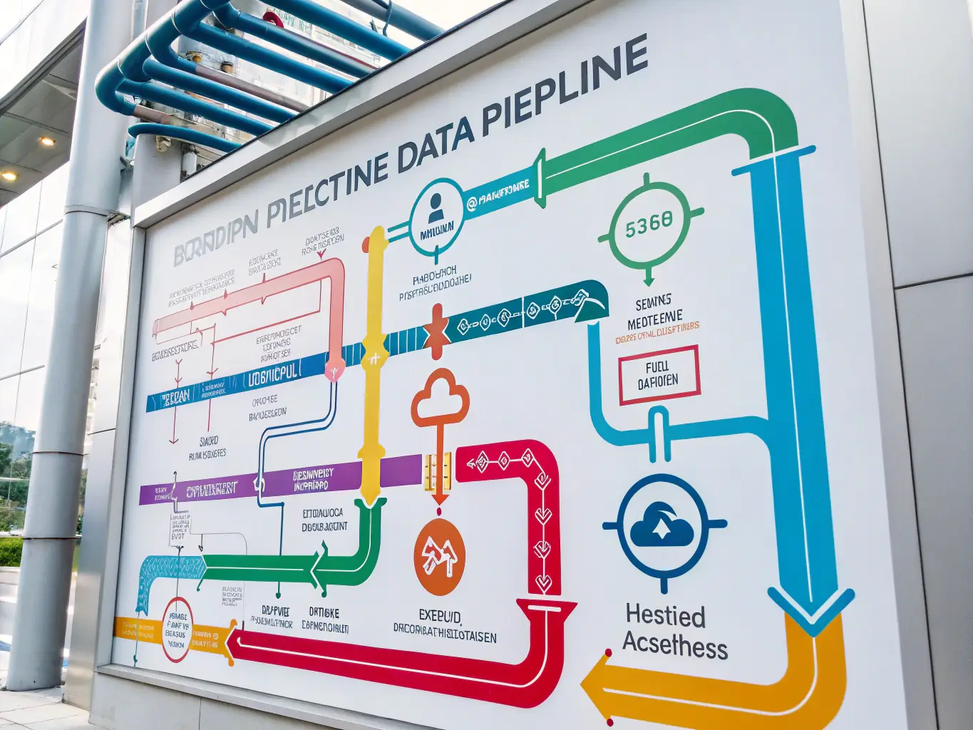 An image of a data pipeline architecture, illustrating the flow of data from various sources to a central repository, representing the core concepts of the Data Engineering program.