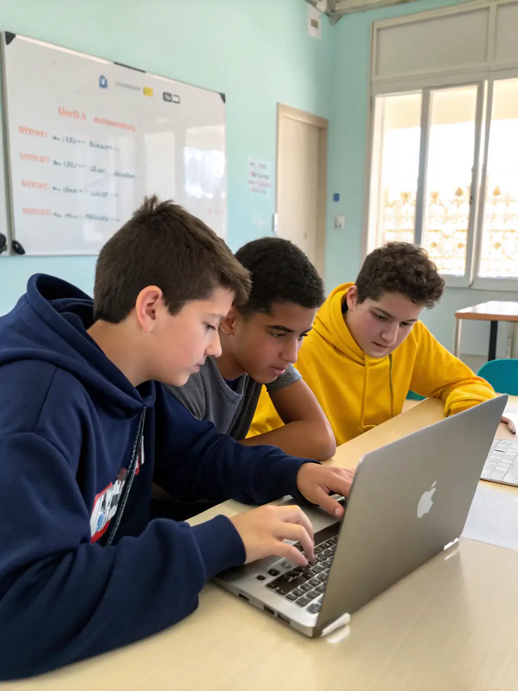 A diverse group of students collaborating on a machine learning project, using a whiteboard to brainstorm and discuss algorithms, in a collaborative classroom setting.