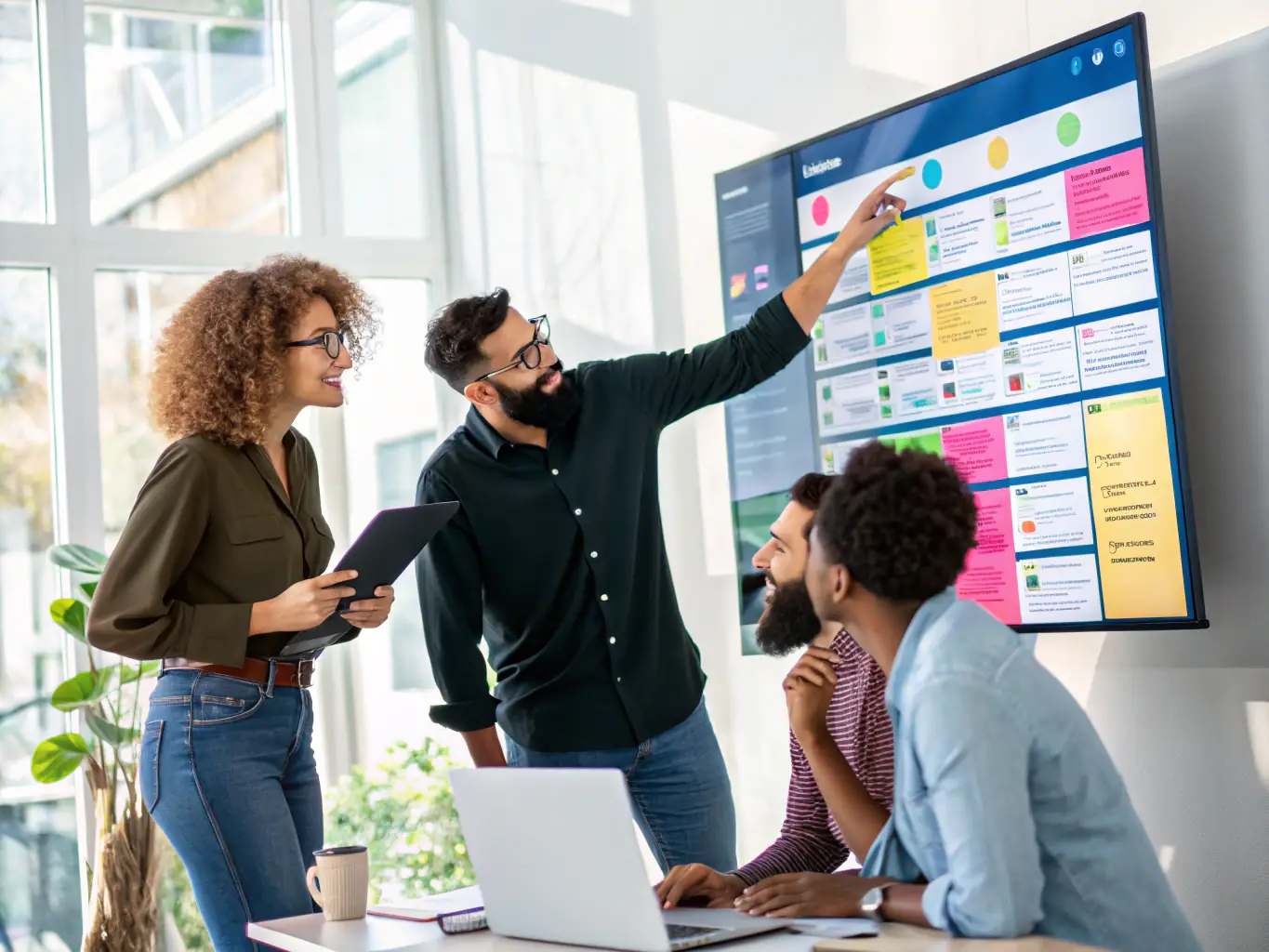 A team collaboratively working on a Scrum board with sticky notes during a Certified ScrumMaster® (CSM) training, focusing on agile principles and implementation.