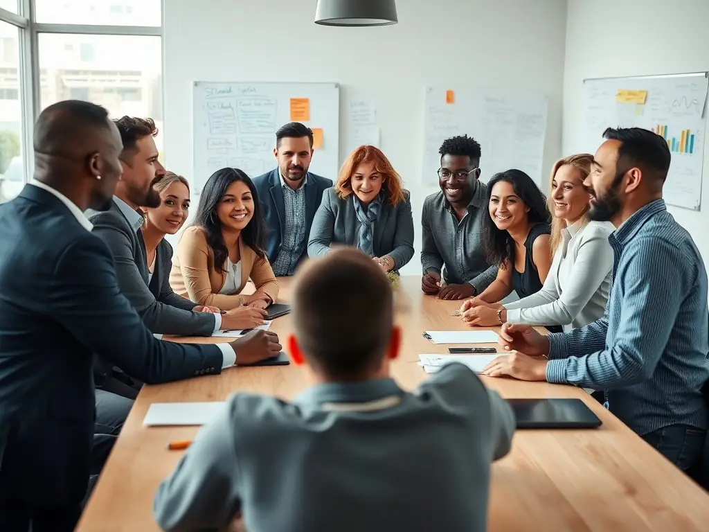 A diverse group of professionals participating in a Leading SAFe® 6 training, discussing enterprise-scale agile strategies and framework implementation.