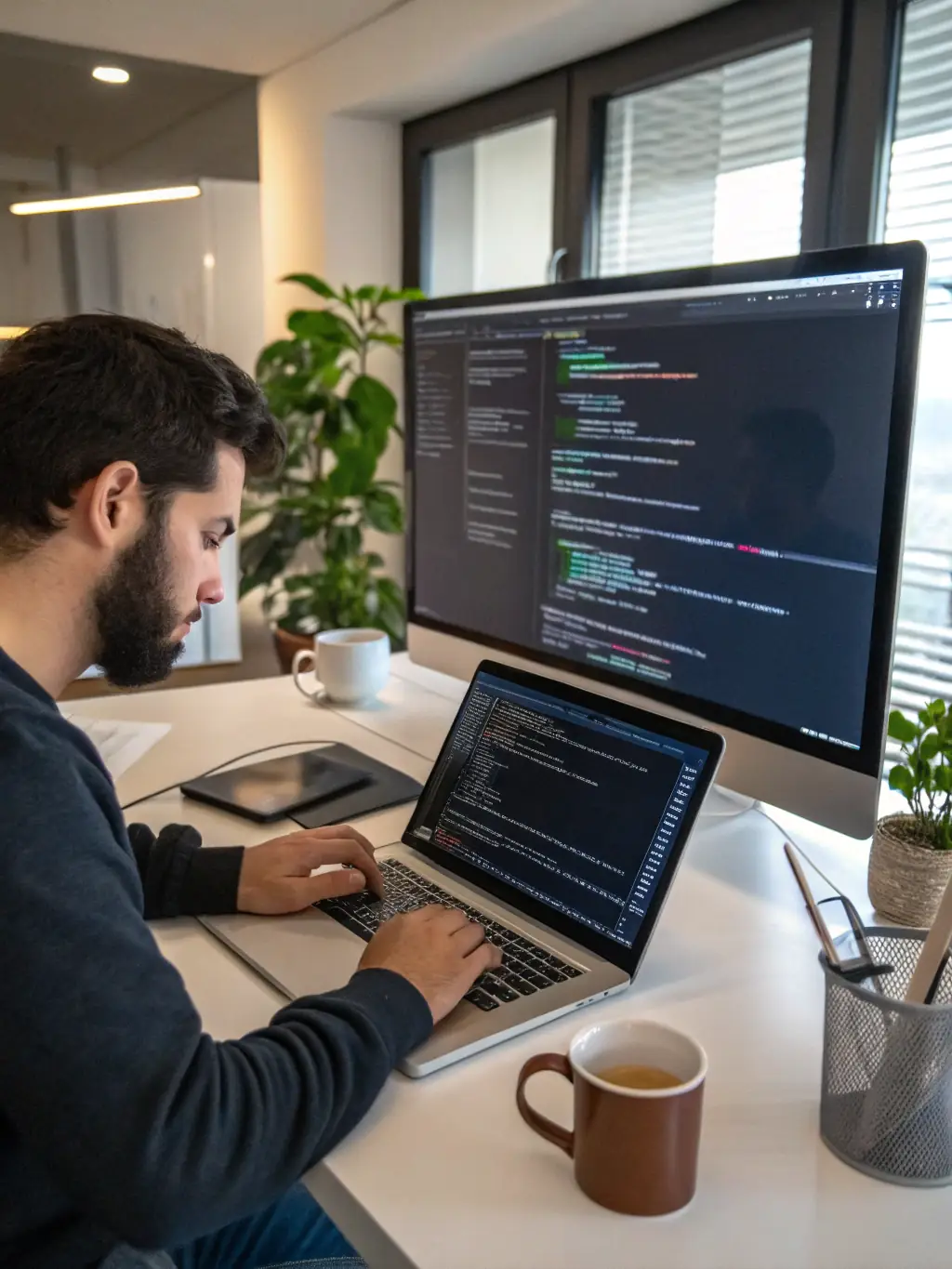 A professional wearing a headset, focused on a computer screen displaying complex code, symbolizing the immersive learning experience of Simple Learn's cybersecurity programs.