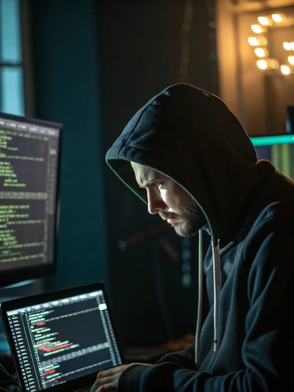A person in a hoodie using a laptop in a dark room, representing ethical hacking and penetration testing.