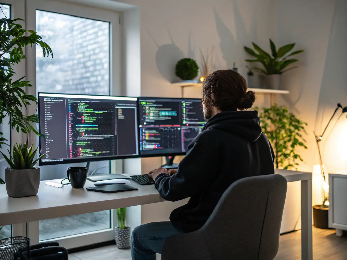 A person working on a computer with multiple screens displaying code and deployment pipelines, symbolizing DevOps practices.