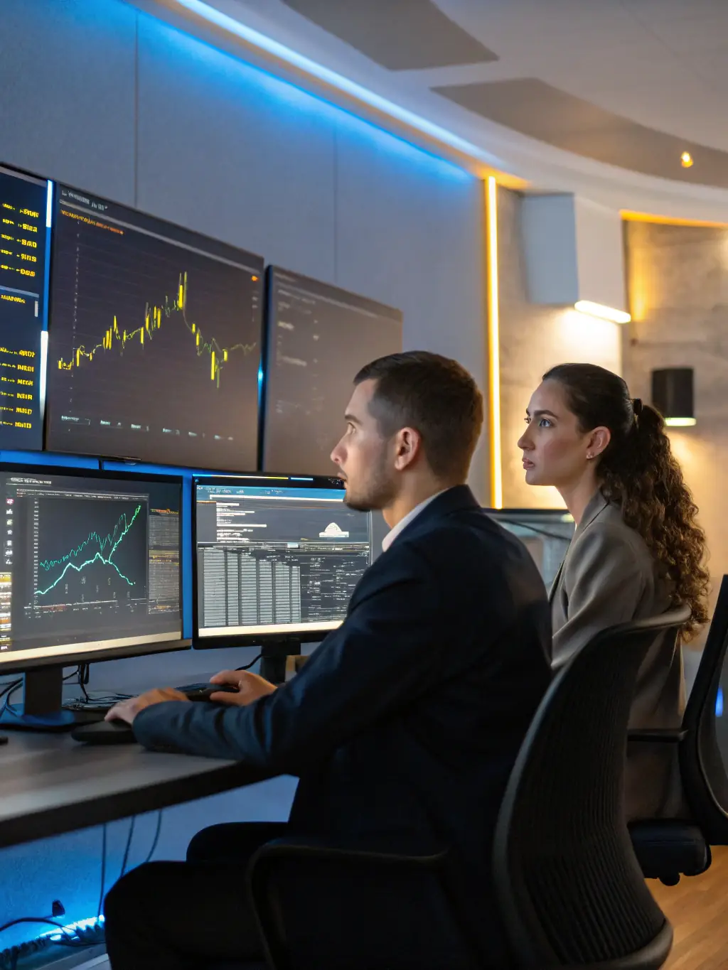 A professional wearing a suit, confidently presenting a blockchain architecture diagram on a digital screen, emphasizing enterprise blockchain solutions.
