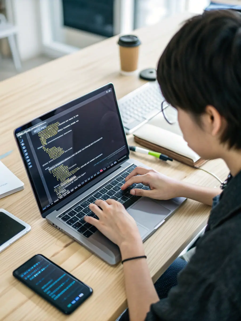 A software developer coding in a modern IDE, with multiple monitors displaying code, architecture diagrams, and testing results, representing a career path in software engineering.