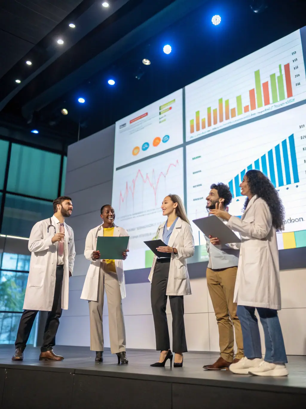 A diverse team of data scientists brainstorming and sharing ideas, with charts and graphs displayed on a large screen, in a collaborative workspace.