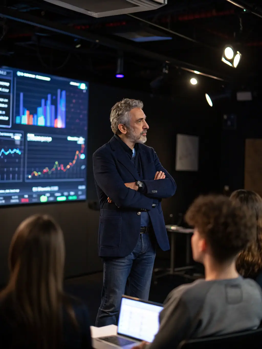 A student presenting a data-driven project to a panel of industry experts, showcasing insights and solutions derived from real-world datasets, in a professional conference room.