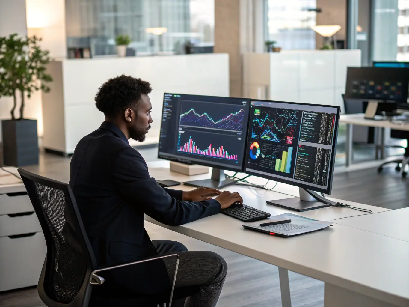 A data scientist analyzing complex datasets on multiple monitors, highlighting Simple Learn's expertise in data science education.