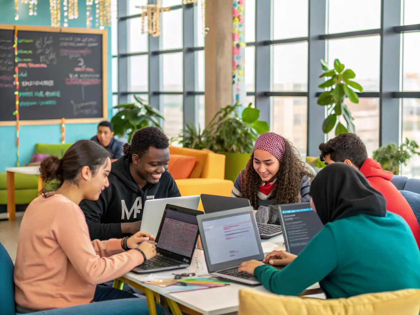 A diverse group of students collaborating on a coding project during a Simple Learn AI course, showcasing the hands-on learning experience.