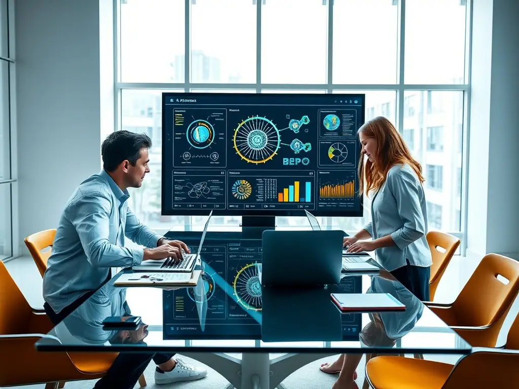 A diverse team collaborating on a machine learning project, emphasizing the practical skills acquired through teamwork and project-based learning.