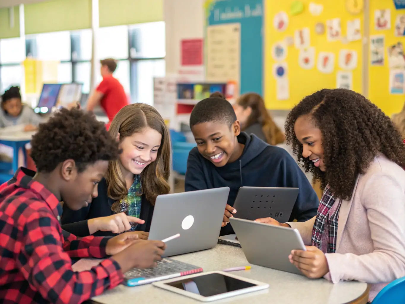 A photograph depicting a diverse group of students collaborating on a project in a modern classroom setting, symbolizing the collaborative learning environment of the Data Science program.