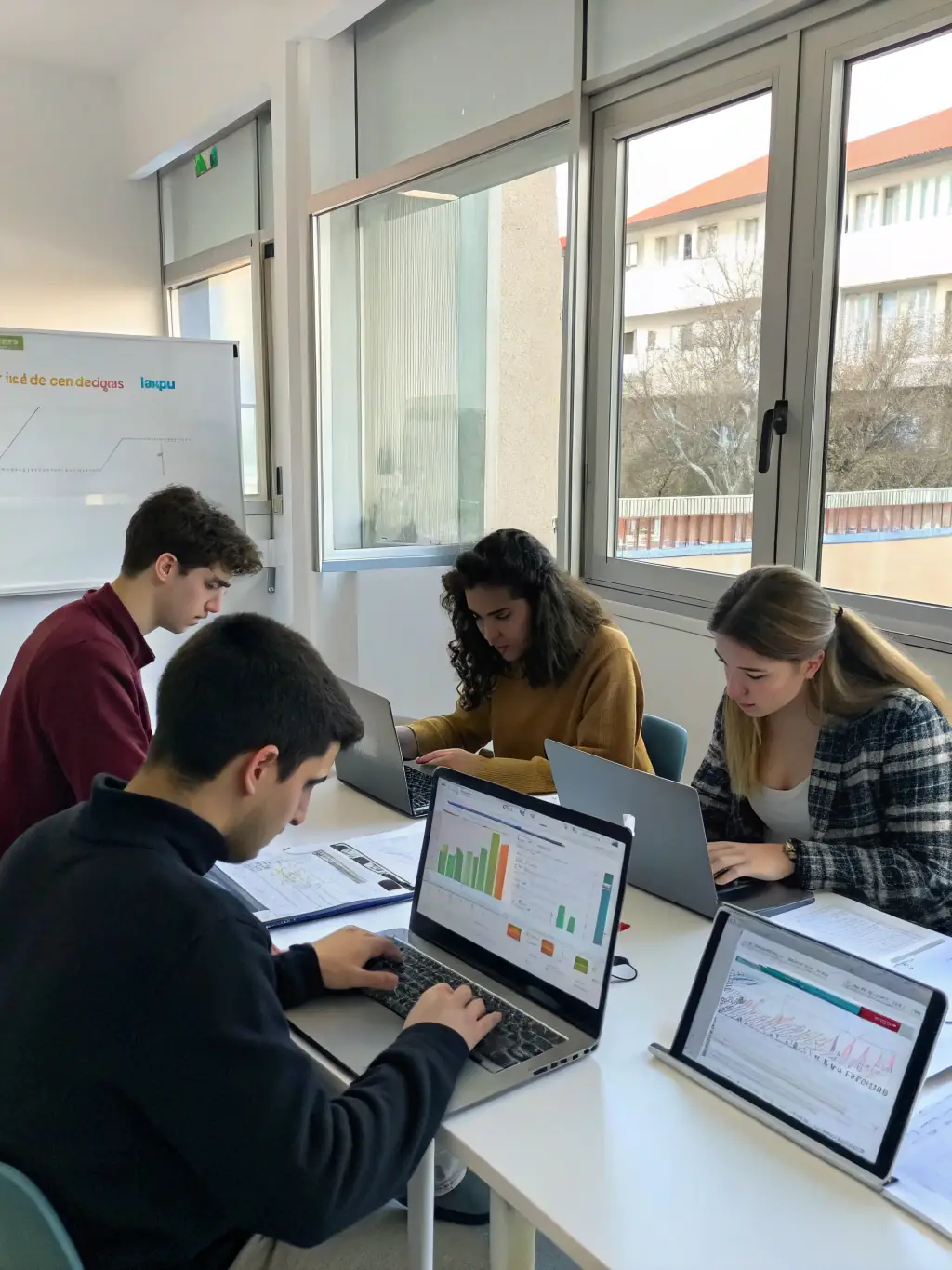 A group of students collaborating on a data science project, using laptops and discussing insights from their analysis, in a university classroom.