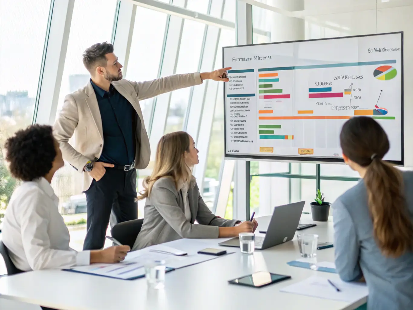 A professional wearing a suit confidently presenting a project timeline on a digital screen during a PMP certification training session, emphasizing project planning and execution.