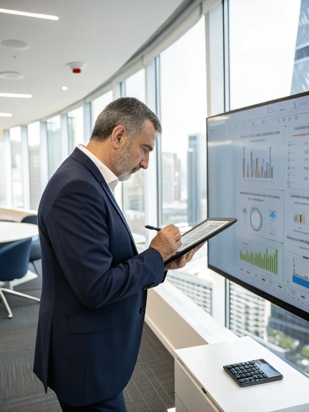 A senior executive in a business suit reviewing cybersecurity reports on a tablet, indicating advanced expertise.