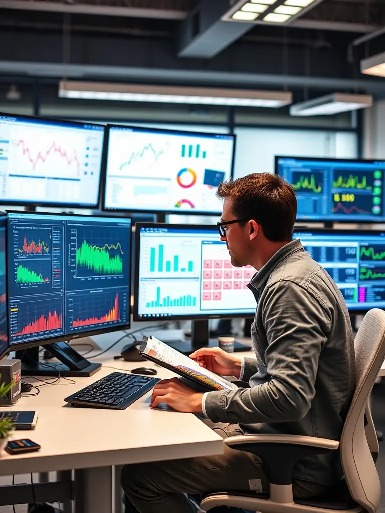 A professional data scientist working on a complex machine learning model, surrounded by data visualizations and code snippets, in a modern office setting.