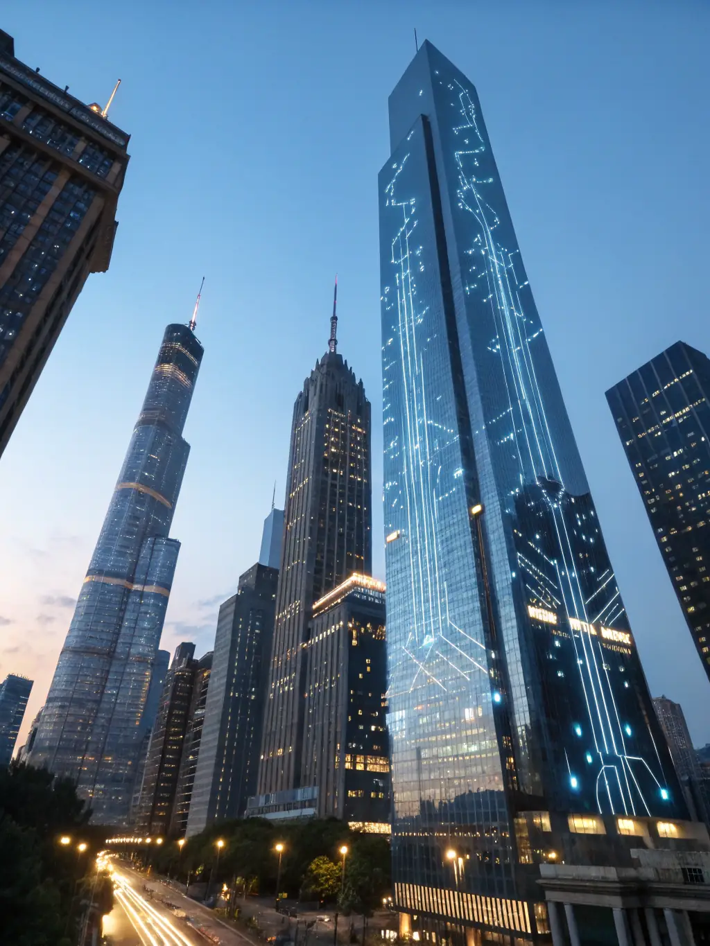 A futuristic cityscape with interconnected nodes and glowing lines, symbolizing the interconnectedness and innovation of Blockchain technology.