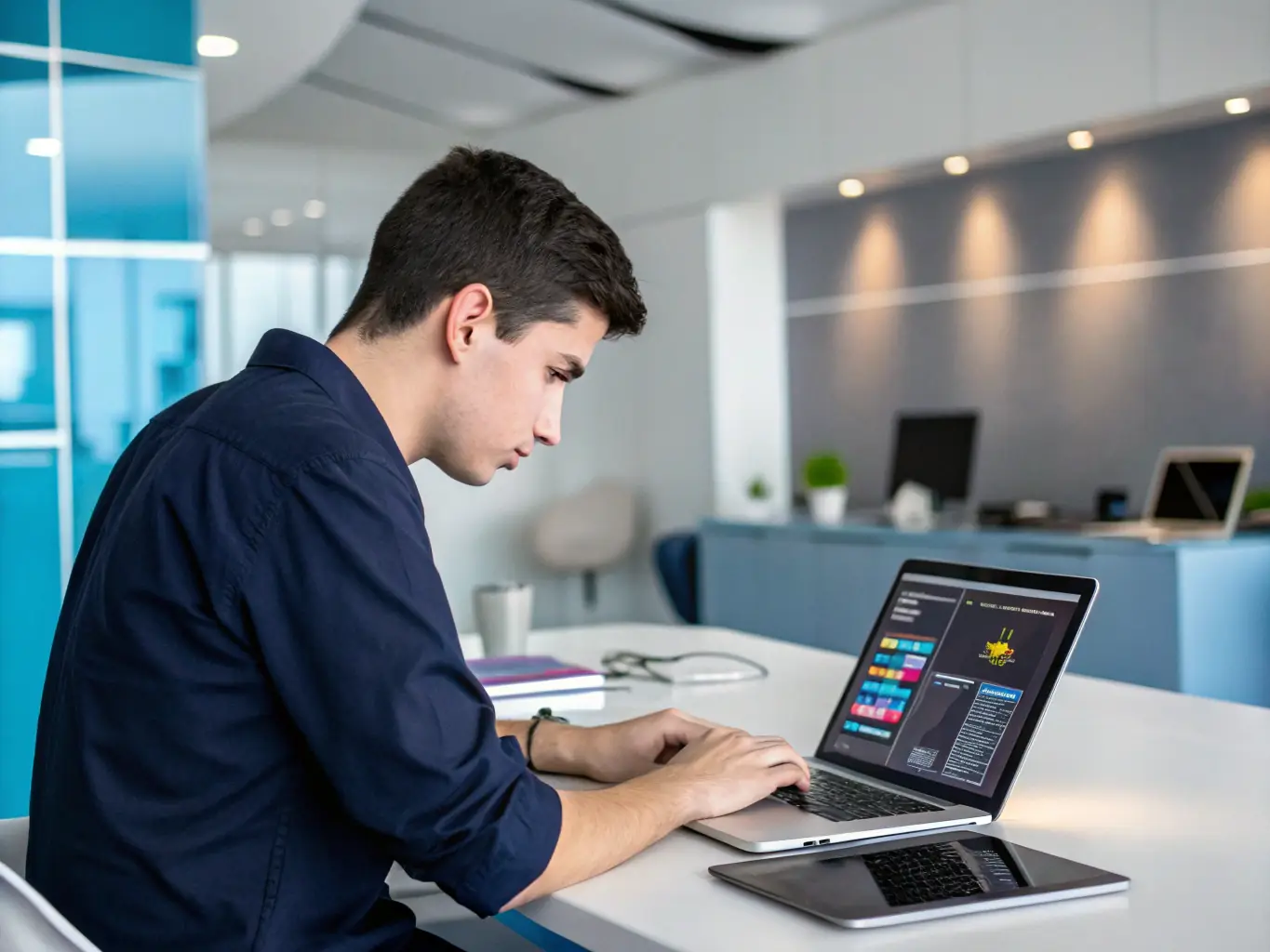 A blockchain developer writing code on a laptop, illustrating Simple Learn's focus on blockchain technology and its applications.