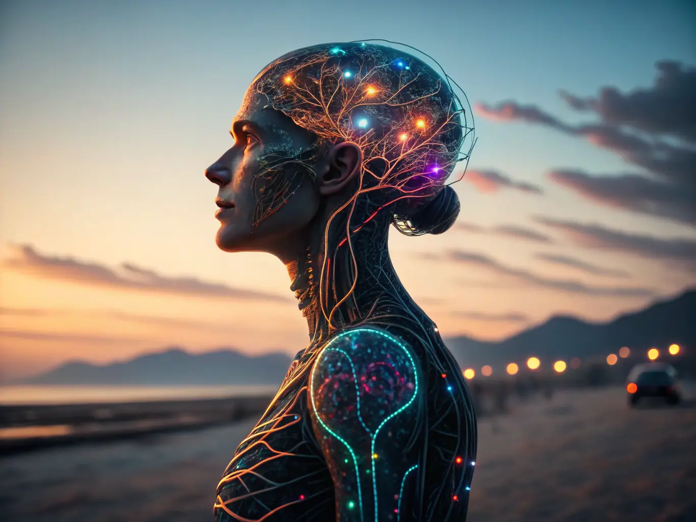A digital illustration showcasing a neural network with interconnected nodes, representing the complex algorithms and technologies involved in the Generative AI and ML program.