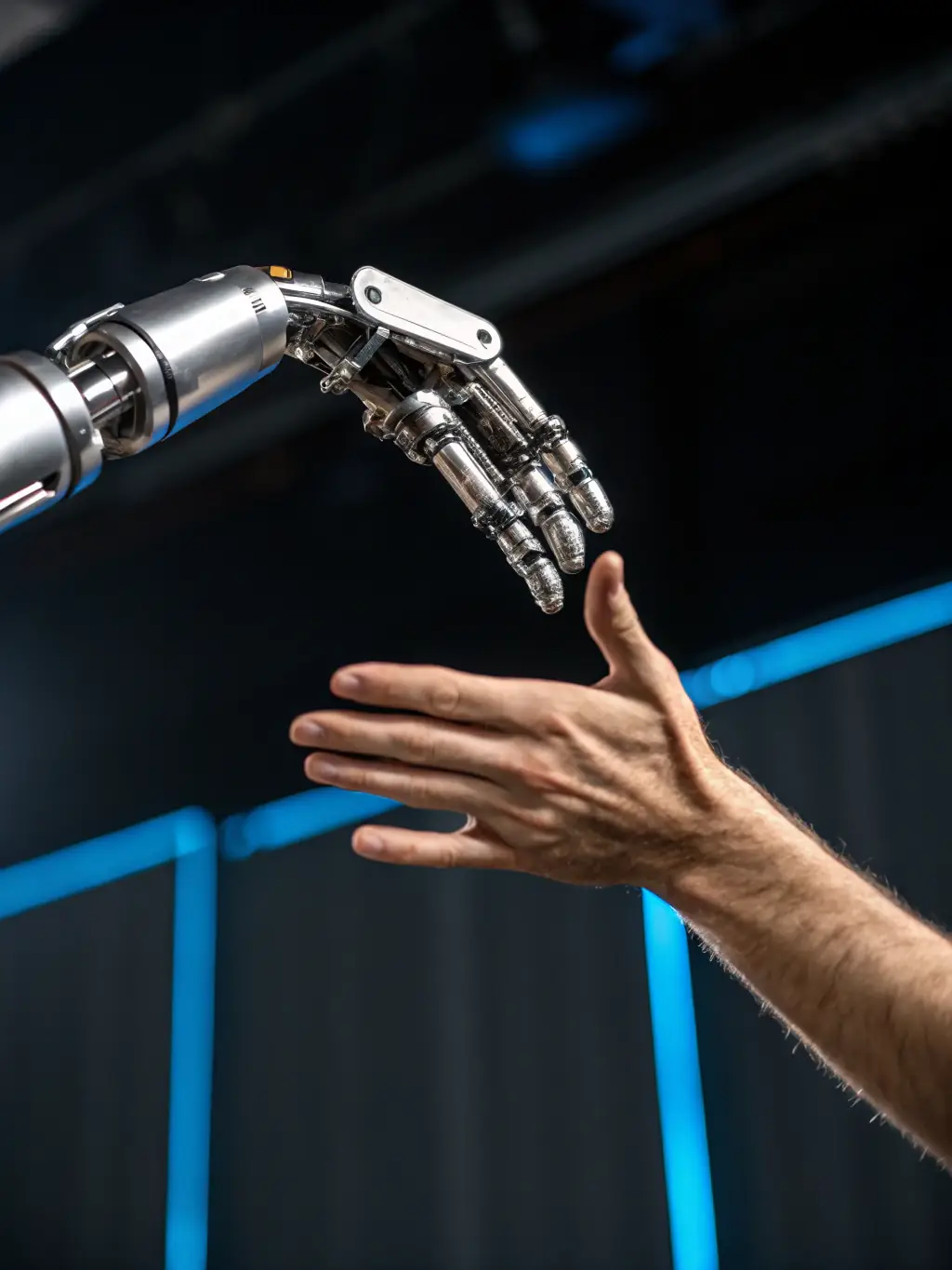 A robot arm interacting with a human hand, showcasing the collaborative potential of Artificial Intelligence in various industries.