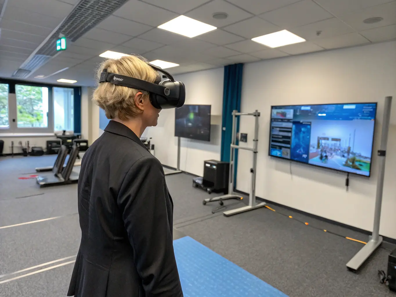 A professional wearing a VR headset, immersed in a virtual reality training simulation, showcasing Simple Learn's innovative approach to technology education.