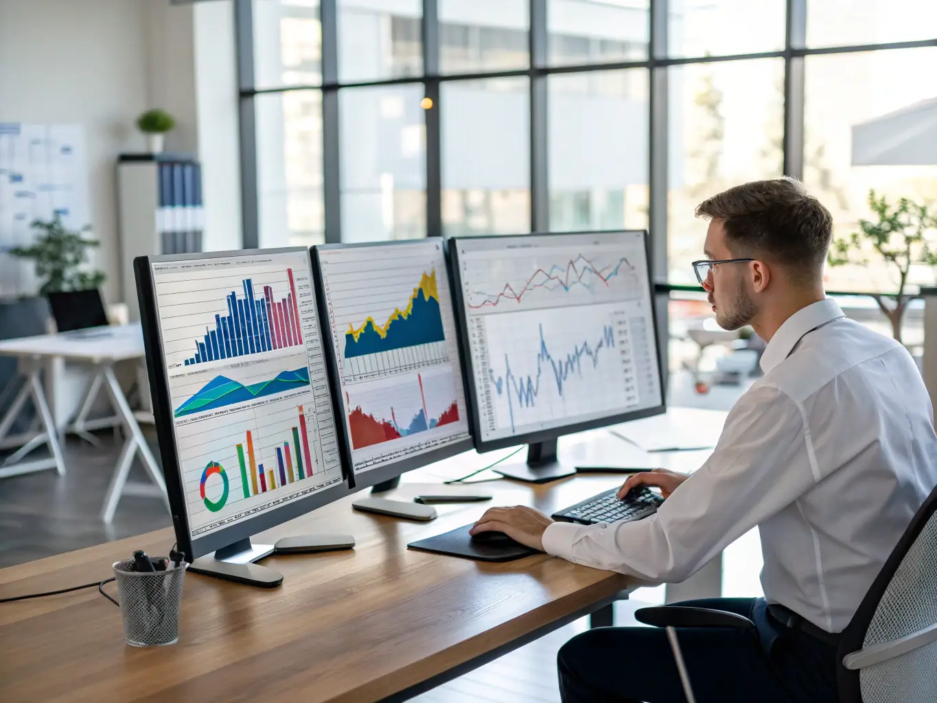 A business analyst reviewing data dashboards and reports, highlighting the use of statistical analysis and data-driven decision-making in a business context.