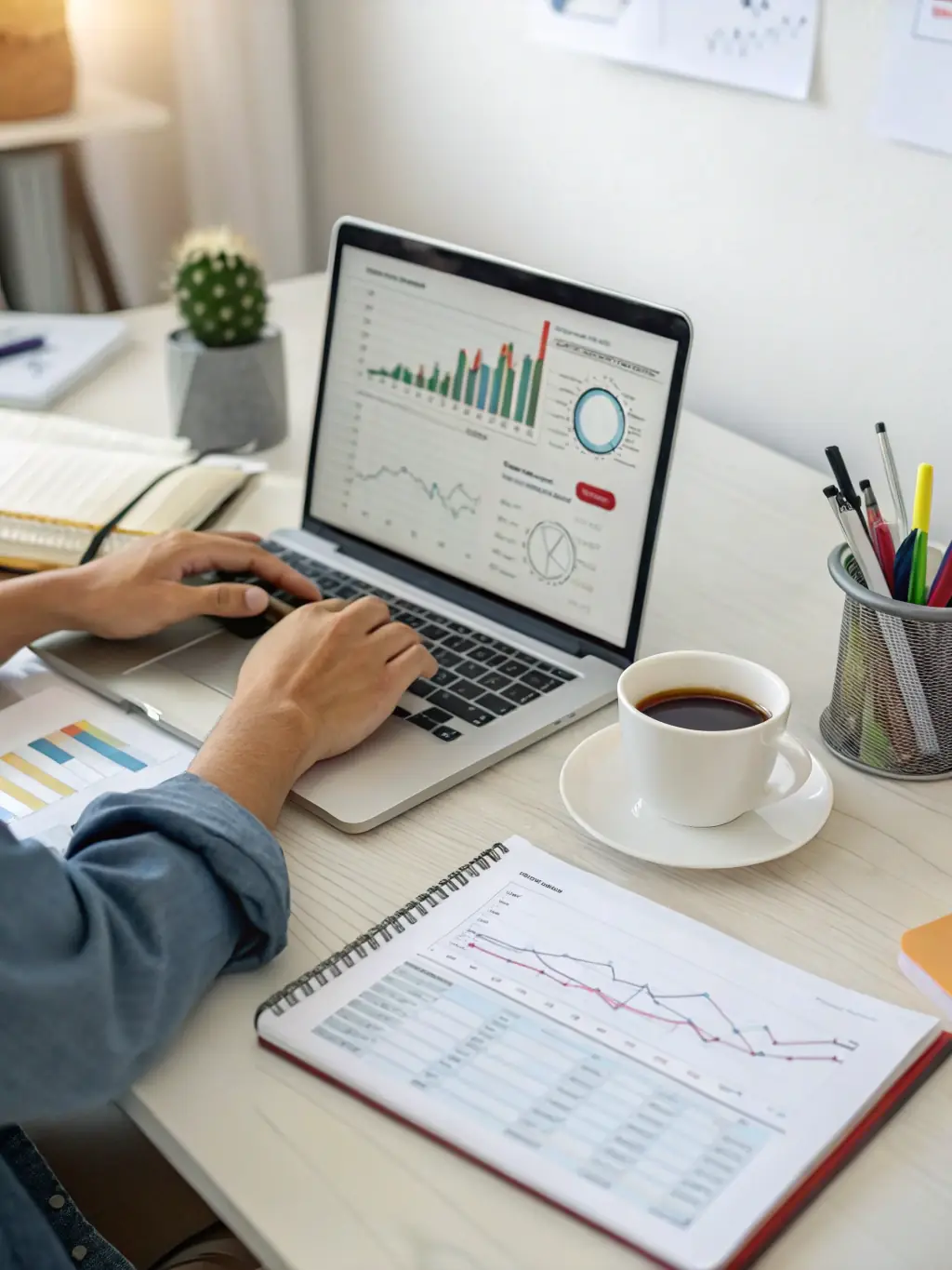 A data analyst using Python to create insightful visualizations from a large dataset, showcasing trends and patterns, in a bright office environment.