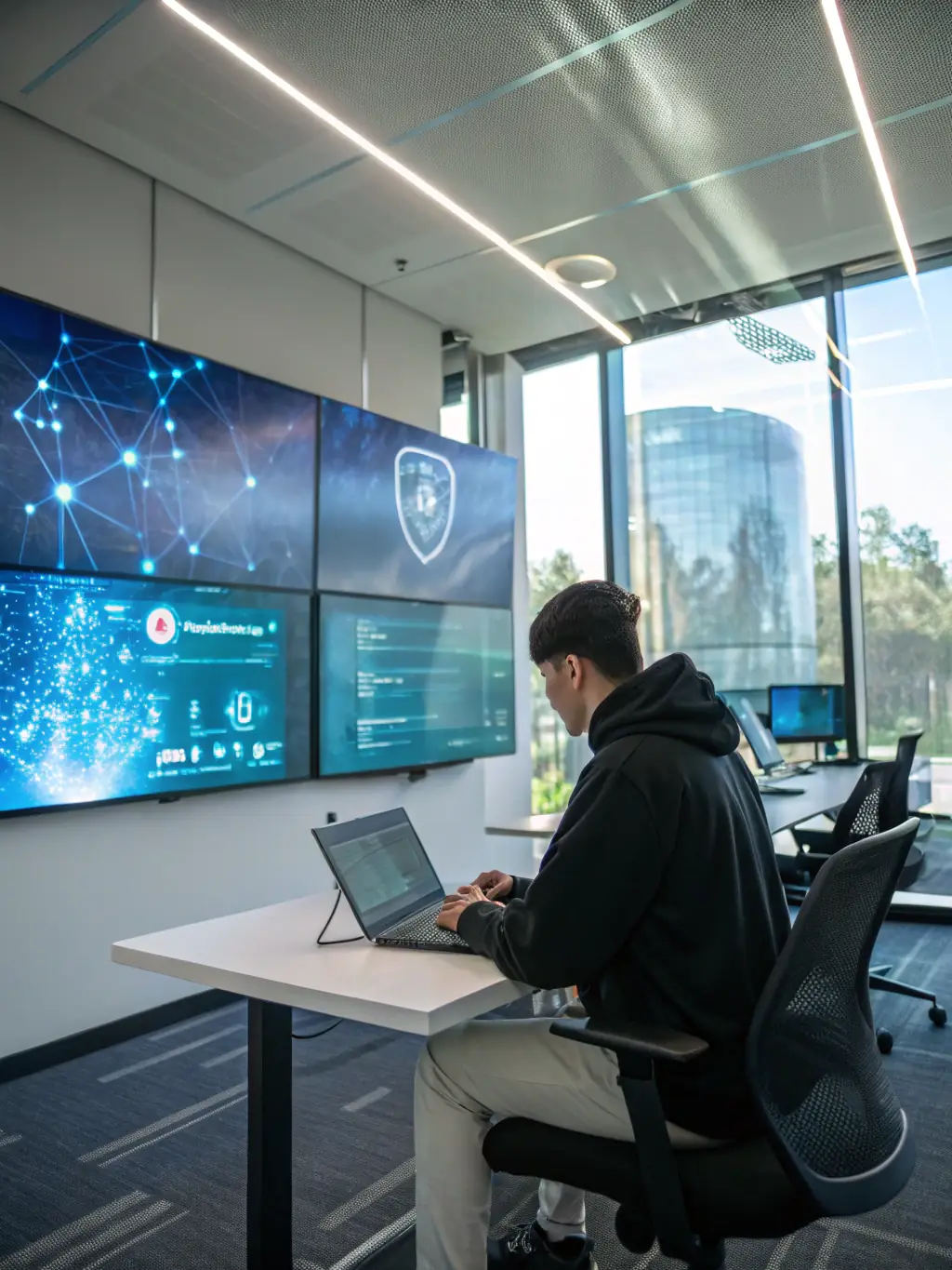 An ethical hacker in a hoodie, using a laptop to perform a penetration test on a simulated network, highlighting the practical skills learned.