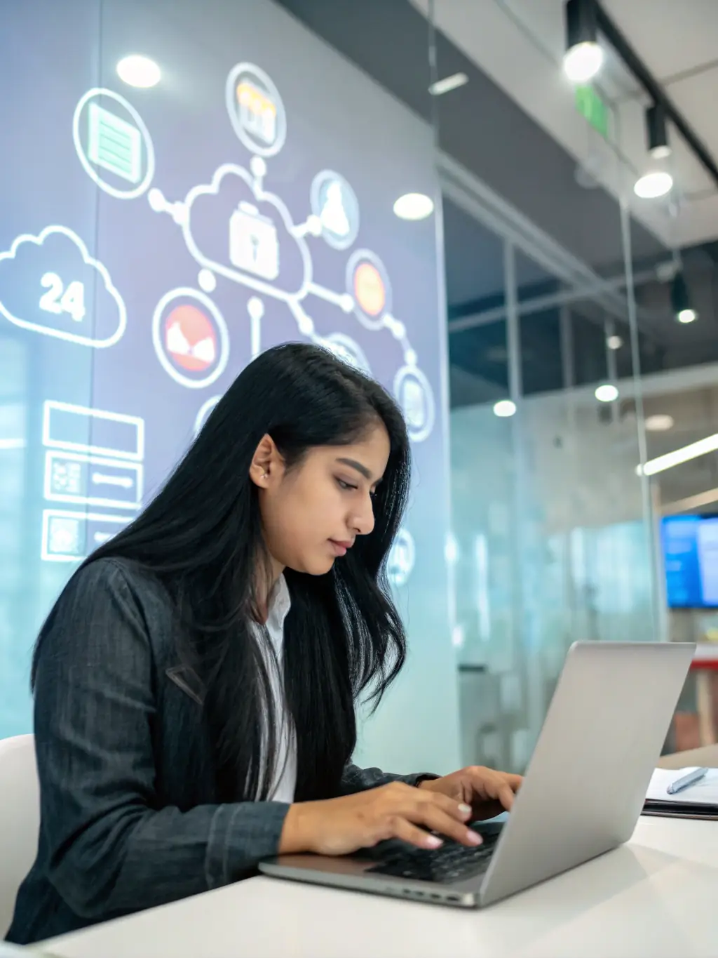 A cloud architect designing a cloud infrastructure diagram on a tablet, with server icons and network connections illustrating a career path in cloud computing.